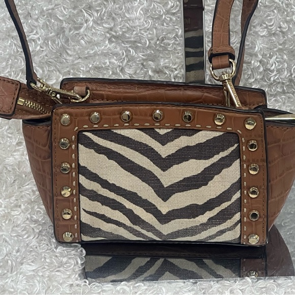 Michael Kors Zebra Print Canvas Croc Leather Studded Selma Crossbody Bag - Picture 4 of 14
